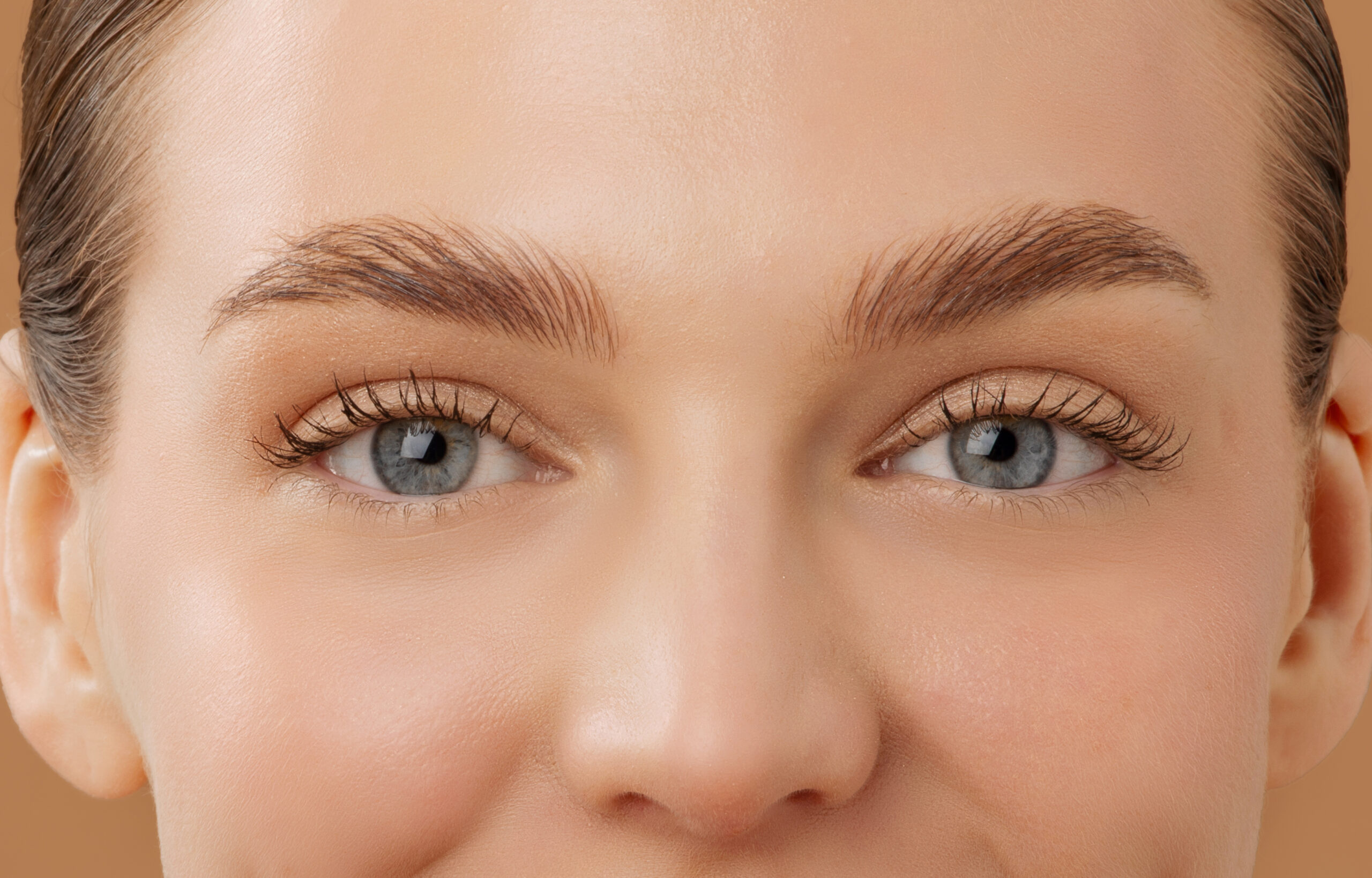 Closeup Shot Of Beautiful Woman With Nude Make Up And Beautiful Eyes, Cosmetology, Skin Care Concept